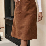 Solid High Waist Slim Corduroy Skirt, Casual Split Midi Skirt With Pocket, Women's Clothing