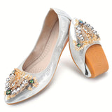 KUNWFNIX Sparkling Pointed-Toe Ballet Flats - Rhinestone Embellished, Foldable Soft TPR Sole, Microfiber Artificial Leather Upper, Sequin Decorated, Slip-On Design for Comfortable Walking - Perfect for Summer and All-Season Wear