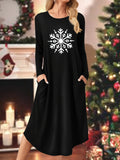 Women's Casual Long Sleeve Dress with Christmas Graphic Print & Pockets - Crew Neck, Mid-Length, Stretchy Polyester Blend for Fall/Winter, for Autumn