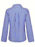 Striped Print Button Front Shirt, Elegant Long Sleeve Business Work Shirt With A Collar, Women's Clothing