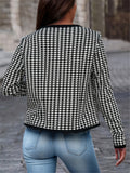 Plaid Open Front Jacket, Casual Contrast Trim Jacket For Spring & Fall, Women's Clothing