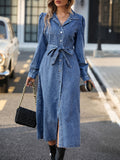 deanwangkt Blue Long Sleeves Denim Dress, Single Breasted Button With Waistband Lapel Denim Dress, Women's Denim Clothing