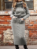 Solid Cable Knit Sweater Dress, Casual Turtleneck Long Sleeve Pocket Front Dress, Women's Clothing