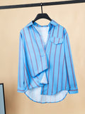 Striped Print Button Front Shirt, Casual Long Sleeve Hem Arc Collar Shirt, Women's Clothing