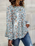 Floral Print Crew Neck Tiered Blouse, Casual Long Sleeve Blouse For Spring & Fall, Women's Clothing