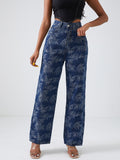 Leaf Print Chic Straight Jeans, Loose Fit Non-Stretch High Waist Denim Pants, Women's Denim Jeans & Clothing