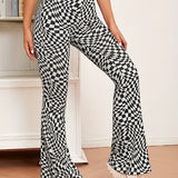 deanwangkt-1  Allover Print Flare Leg Pants, Casual High Waist Slim Pants For Spring & Fall, Women's Clothing