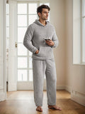 2 Pcs Men's Solid Color Flannel Hooded Long Sleeve & Trousers Pajama Set, Comfortable & Skin-friendly Style Men's Cozy Loungewear