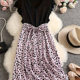 Plus Size Casual Dress, Women's Plus Colorblock Leopard Print Ruffle Sleeve V Neck Medium Stretch Belted Dress