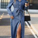 deanwangkt Blue Long Sleeves Denim Dress, Single Breasted Button With Waistband Lapel Denim Dress, Women's Denim Clothing