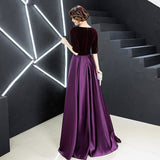 Solvbao Elegant V-neckline Velvet Top Long Bridesmaid Dresses, A-line Short Sleeves Prom Dresses