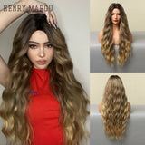 Long Ombre Brown Light Ash Platinum Blonde Wavy Wigs Cosplay Party Synthetic Wig for Women High Temperature Fibre