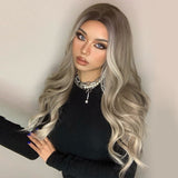 Long Ombre Brown Light Ash Platinum Blonde Wavy Wigs Cosplay Party Synthetic Wig for Women High Temperature Fibre