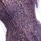 Solvbao Dark Purple V-neckline Lace Beaded Long Prom Dress, A-line Tulle Evening Dress