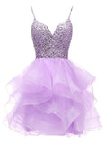 Solvbao Light Purple Tulle Beaded Short Homecoming Dress, Light Purple Short Prom Dress