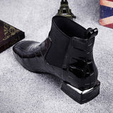 DEANWANGKT  Chic Women Boots Shiny Pu Leather Autumn Winter Shoes Spuare Toe Block Heels Ankle Boots Female Botas Zapatos Mujer