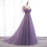 Solvbao Dark Purple V-neckline Lace Beaded Long Prom Dress, A-line Tulle Evening Dress