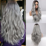 deanwangkt Ombre Brown Mixed Purple Blonde Long Synthetic Wave Wigs For Women Heat Resistant Colorful Fiber Cosplay Lolita Wigs