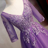 Solvbao Purple  V Neck Tulle Long Party Dress with Sleeves, Prom Dress