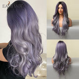 deanwangkt Ombre Brown Mixed Purple Blonde Long Synthetic Wave Wigs For Women Heat Resistant Colorful Fiber Cosplay Lolita Wigs