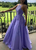 Solvbao Lavender Halter Tulle with Lace Long Formal Dress, A-line Party Dress Prom Dress