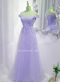 Solvbao Lavender Tulle Off Shoulder Party Dress with Lace Applique, A-line Tulle Prom Dresses
