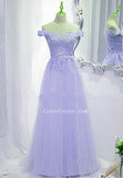Solvbao Lavender Tulle Off Shoulder Party Dress with Lace Applique, A-line Tulle Prom Dresses
