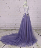 Solvbao Light Purple Tulle Floral Long A-line Prom Dress Wedding Party Dress, Lace Flowers Party Dress