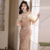 2025 Golden Evening Dress 2025 New Celebrity  Sequin Waist Fishtail Dress One Shoulder Banquet Art Examination Dress Dress