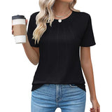 DEANWANGKT  Cross Border Foreign Trade Spring and Summer Women's Clothing round Neck Pleated Short Sleeve Solid Color T-shirt Top