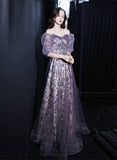 Solvbao Purple A-line Tulle Long Party Dress, Purple Lace Short Sleeves Formal Dress