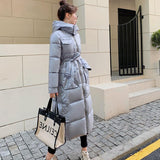 European and American fashion glossy cotton clothes women's long styles over the knee and waist New autumn and winter large size hooded thickened warm jacket