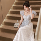 2025 Banquet evening dress skirt 2025 new blue  light luxury bubble sleeve birthday princess skirt adult dress skirt
