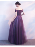 Solvbao Off Shoulder Purple Tulle with Lace Applique Party Dress, Purple Prom Dress