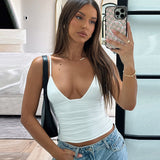 MOMENTLOVER popular new 2025 women's clothing fashionable solid color sexy V-neck sleeveless exposed navel slim sling