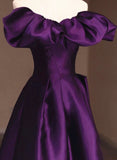 Solvbao Dark Purple Satin Off Shoulder Long Prom Dress, Purple Satin Evening Dress