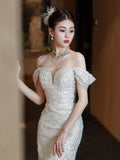 2025 One-word shoulder evening dress female banquet host temperament socialite bride toast dress light luxury fishtail dress
