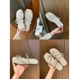 DEANWANGKT  Cowhide Version ~ Grape Mom's Same Rhinestone Toe Ring Slippers Women's Summer Outdoor Wear Fairy Style Flat Sandals 2024