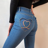 deanwangkt - Rainbow Love Heart Bell Bottom Jeans ~ HANDMADE