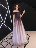 Solvbao Beautiful Light Purple Gradient Tulle Long Formal Dress, Off Shoulder Prom Dress