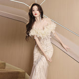 2025 One-word shoulder champagne birthday party evening dress women's light luxury niche 2025 new high-end host dress