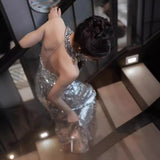 2025 Banquet evening dress  new silver sequined neck fishtail evening dress temperament bridal toast dress engagement dress