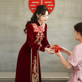 2025 Chinese toast dress bride  new autumn and winter long-sleeved burgundy engagement dress bead embroidered evening dress