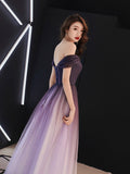 Solvbao Beautiful Light Purple Gradient Tulle Long Formal Dress, Off Shoulder Prom Dress