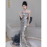 2025 Fishtail banquet evening dress 2025 spring new tube top sequins fishtail fairy temperament fishtail skirt manufacturer supply