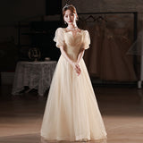 2025 Champagne banquet evening dress women's  new temperament thin dress vocal art test host dress