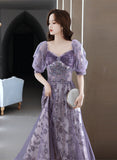 Solvbao Purple A-line Tulle Long Party Dress, Purple Lace Short Sleeves Formal Dress