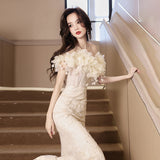 2025 One-word shoulder champagne birthday party evening dress women's light luxury niche 2025 new high-end host dress