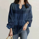 deanwangkt Women Plaid Button Up Ruffle Half Sleeve Loose Casual Blouses
