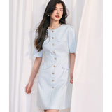 [Shengdu] 24 Spring and Summer New  Socialite Gentle Advanced Sweet Beauty Blue Classic Style Short Sleeve Dress